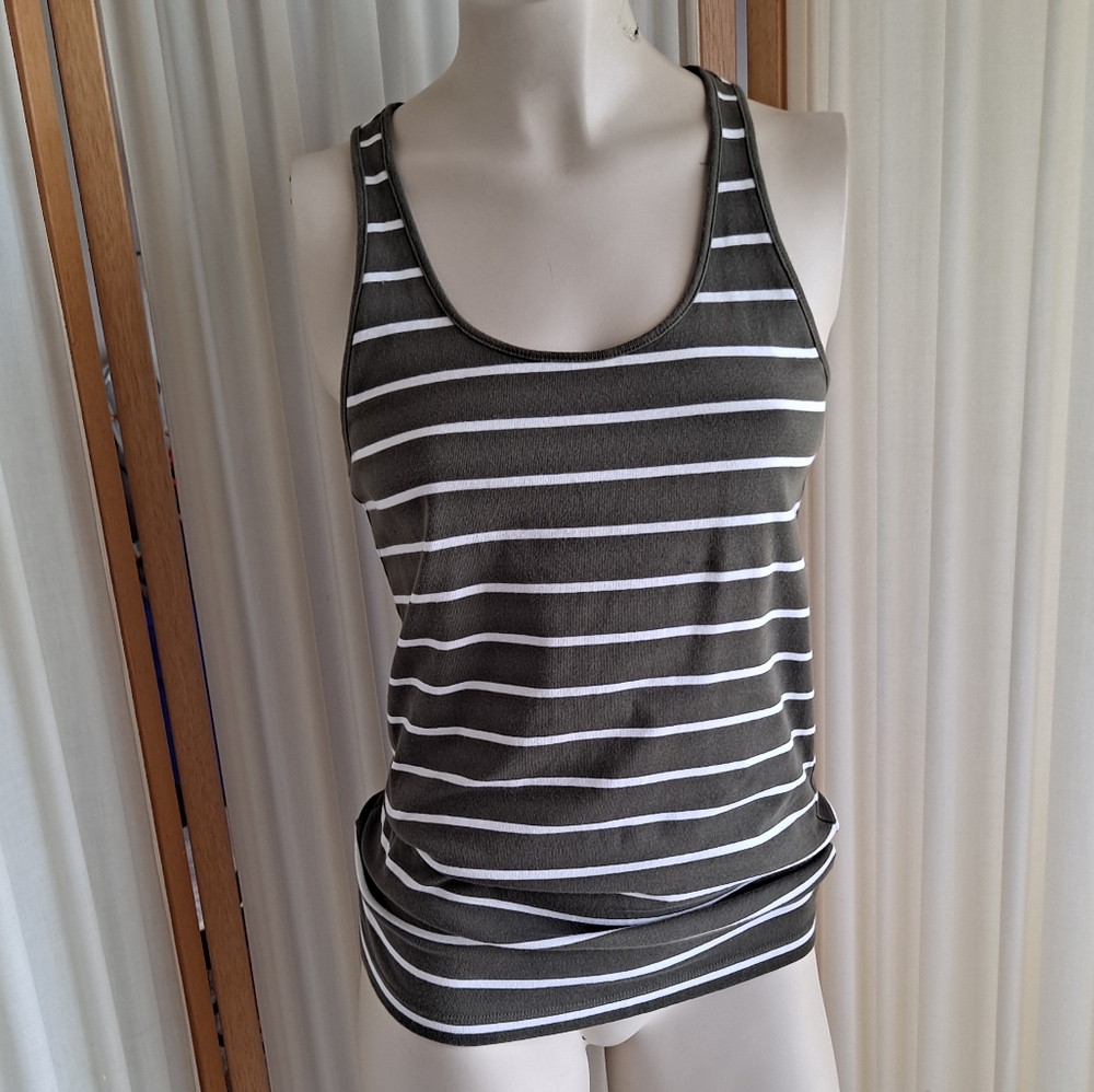 A.N.A olive green Tank top with white horizontal stripes, medium